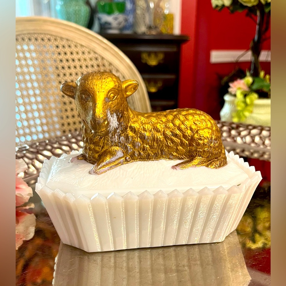 Westmoreland Milk Glass Golden Lamb Lid on a White Picket Fence Trinket Box